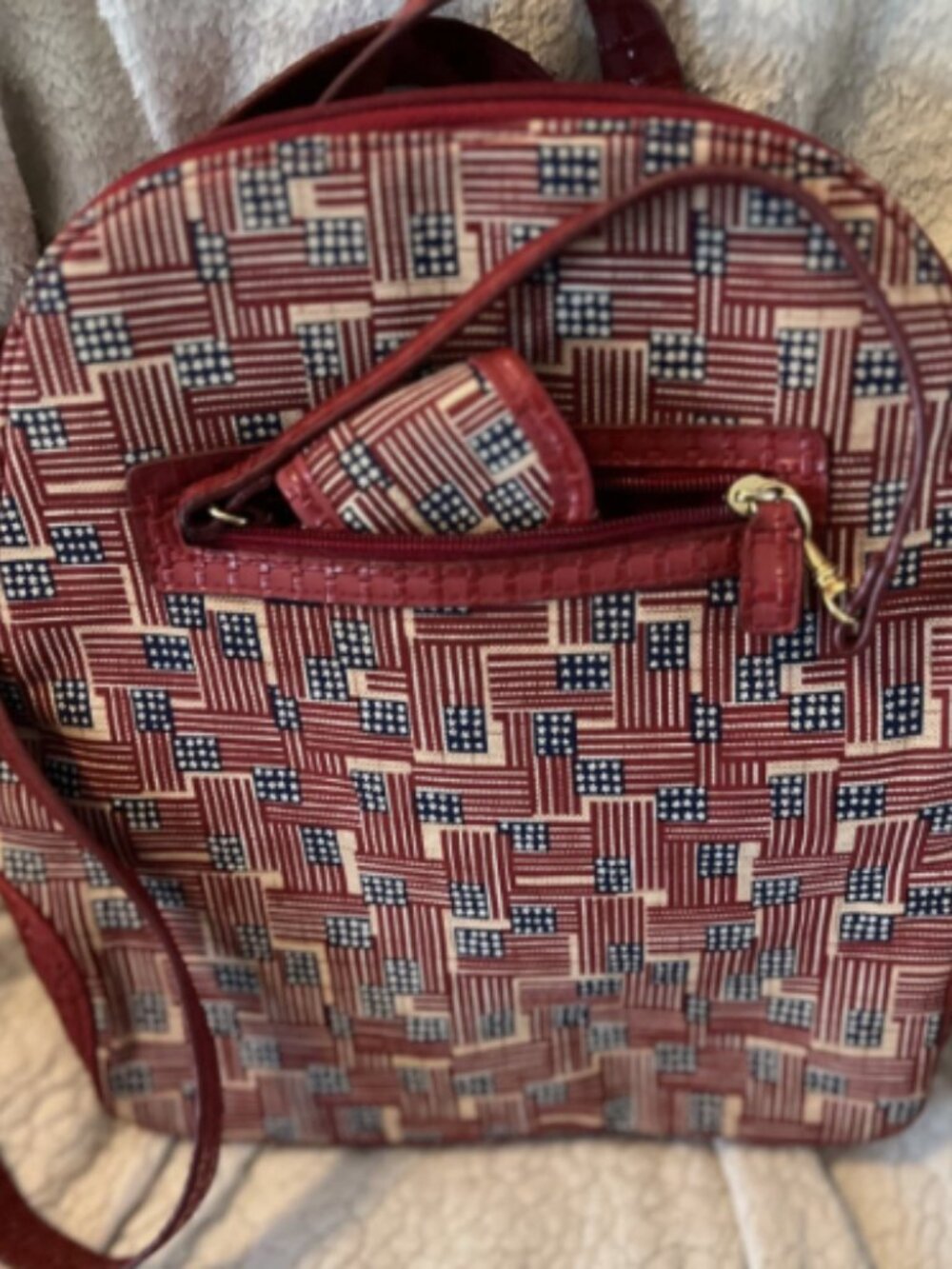 Longaberger Homestead Backpack Purse Flag Print Red w/ Wallet Organizer & Pouch